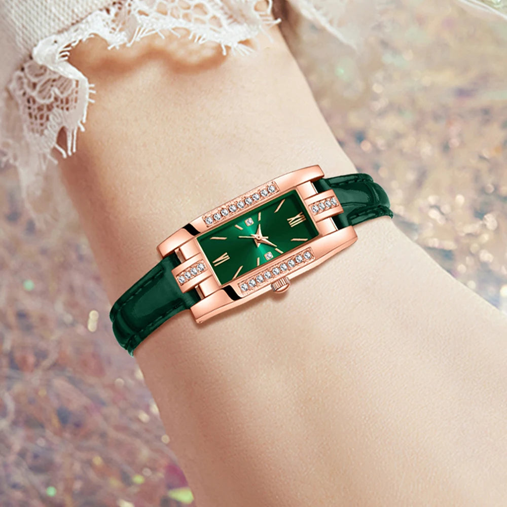 9PCS Green Women's Watch Set Trendy Fashion Rectangular Dial Quartz Watch Bracelet Necklace Earrings Set Holiday Gift