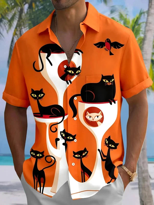 2026 New Men's Shirt Halloween Pumpkin Full Print Turn-Down Collar Short Sleeve Top Casual Streetwear Beach Vacation Men Apparel