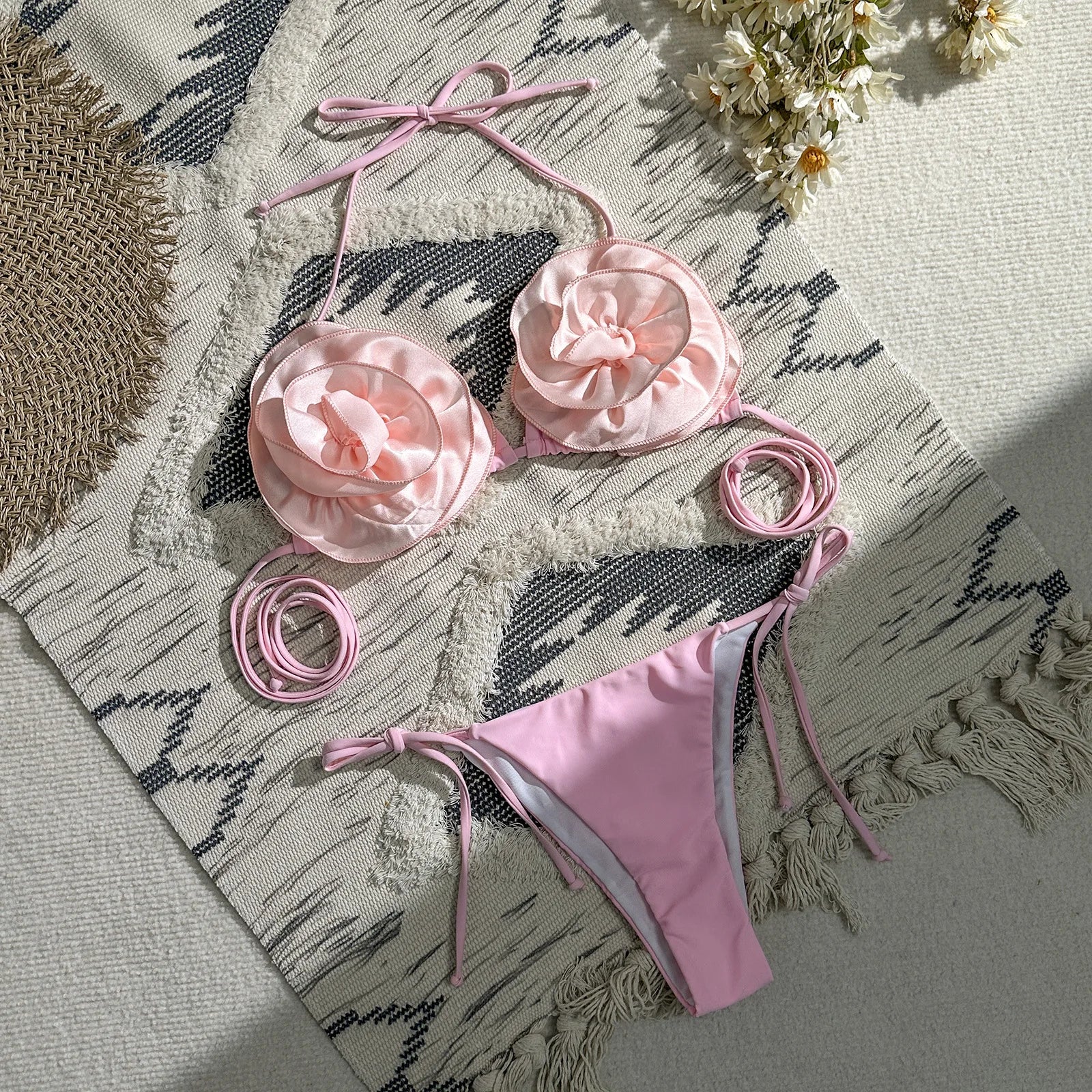2024 Sexy 3D Flower Halter Neck Lace Up Brazilian Thong Bikinis Set for Women Summer Swimewear Beachwear Biqunis Mujer Resort