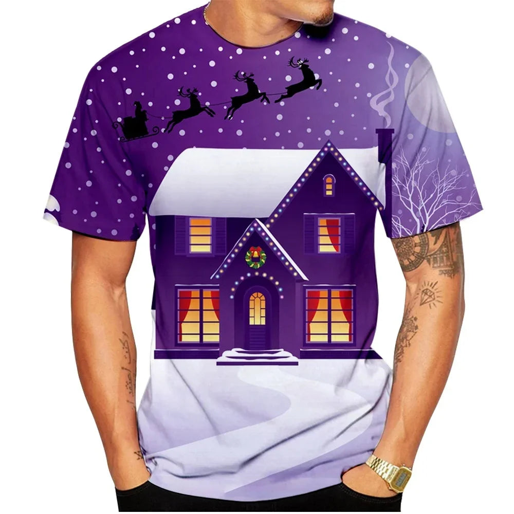 2026 Fashion Men's Merry Christmas T-Shirt Blue Xmas Tree Snowflake Graphic Crew Neck Short Sleeve Holiday Party Casual Tee Tops