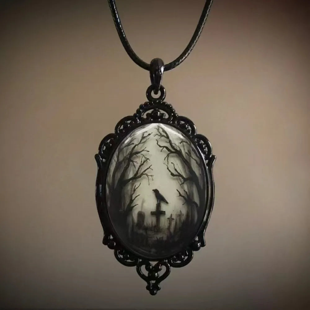 Gothic Glass Pendant Necklace for Women Sun Moon Punk Style Charm Necklace Vintage Cameo Rope Chain Witch Accessories
