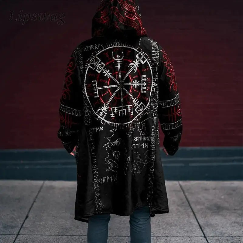 Streetwear Vintage Windbreaker Autumn Winter Men's Casual Long Sleeve Hooded Cardigan Tops Men Trendy Pattern Printed Outerwear
