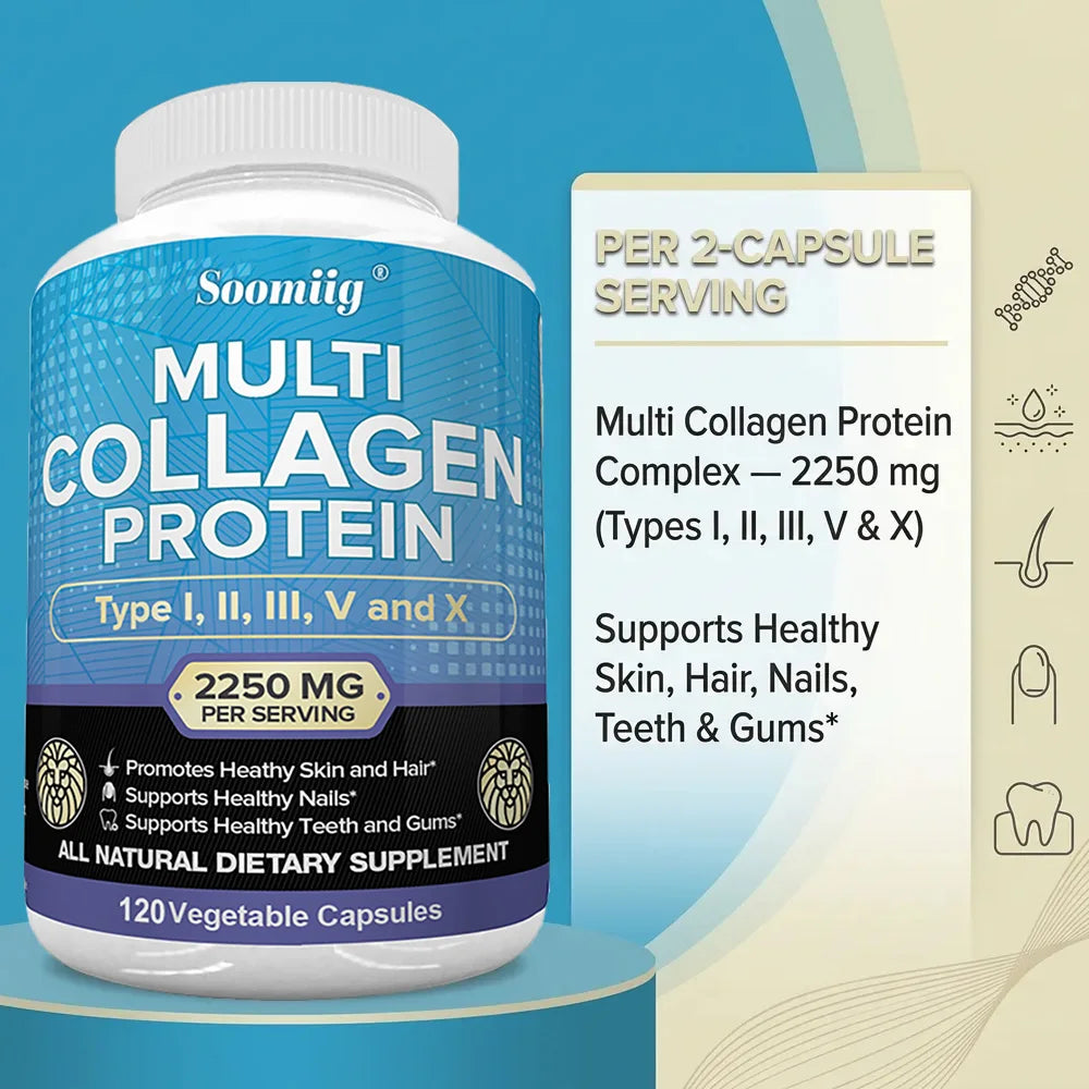 Multi-Collagen Peptides Capsules, Types I/II/III/V/X, Teeth, Hair, Skin, Nails, Joints, Gut & Anti-Aging Support, Non-GMO