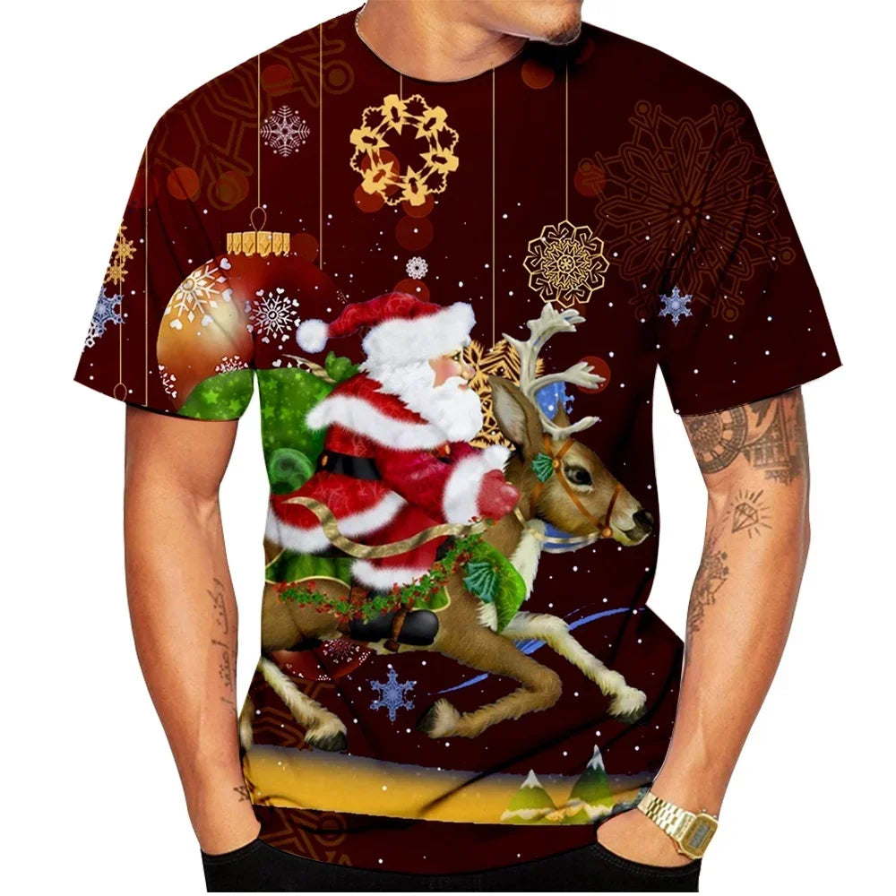 2026 Fashion Men's Merry Christmas T-Shirt Blue Xmas Tree Snowflake Graphic Crew Neck Short Sleeve Holiday Party Casual Tee Tops