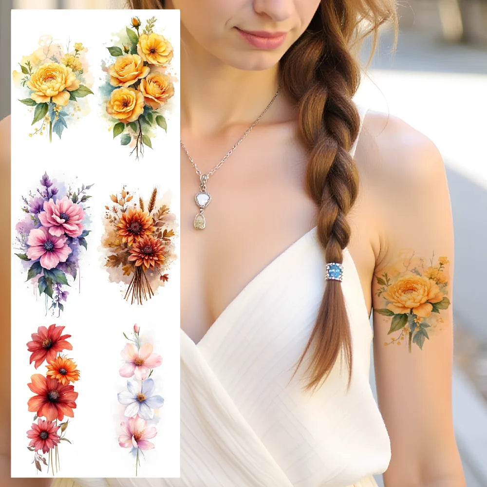 9pcs Colorful Flower Temporary Tattoos Stickers 3D Disposable Body Arm Tatoo Sticker Men Women Waterproof Fake Tatoos