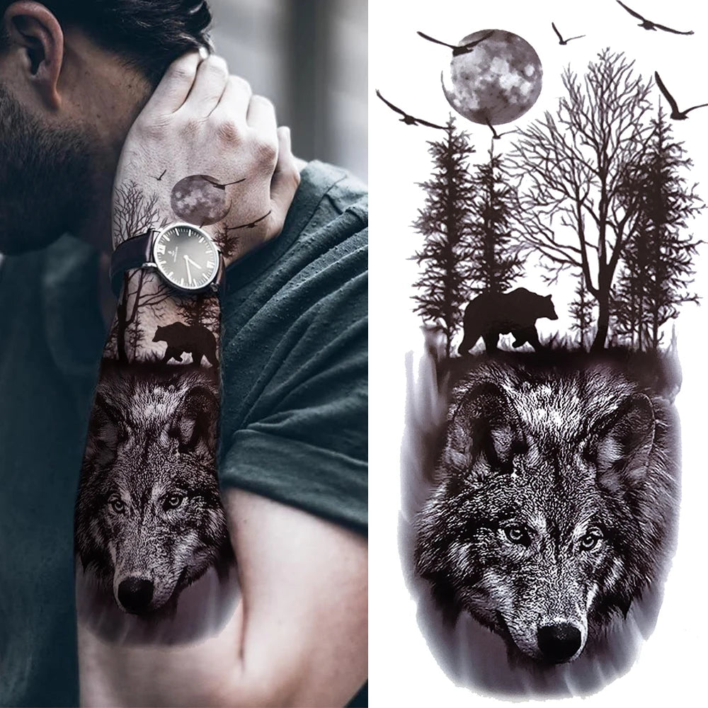 1pc Lion Men Waterproof Temporary Tattoos Fake Stickers Arm Hand Cool Art Black Transfer Clock Tattoo Stickers Wolf Tiger Tattoo