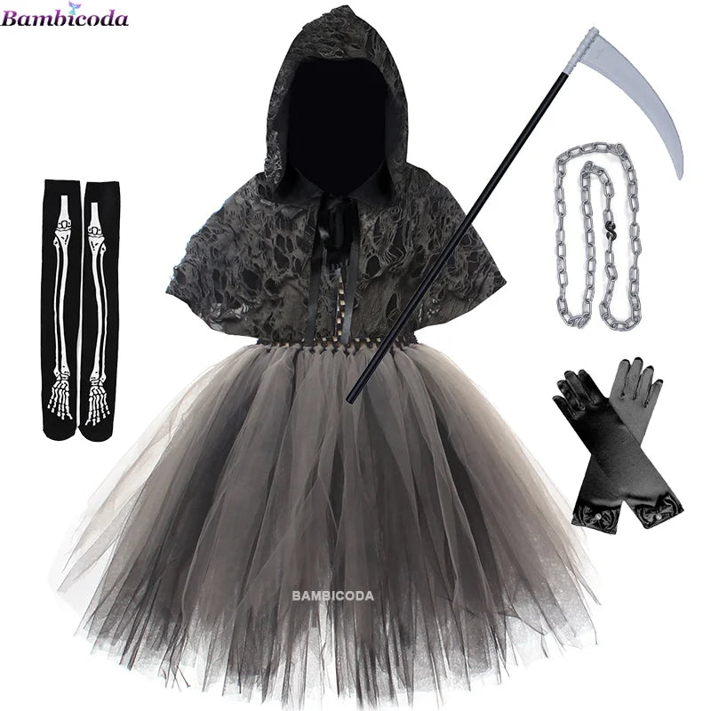 2025 Girls Demon Horror Death Halloween Costume Cosplay Fancy Dress Party Medieval Hooded Cloak Clothing Party Grim Clothes ﻿