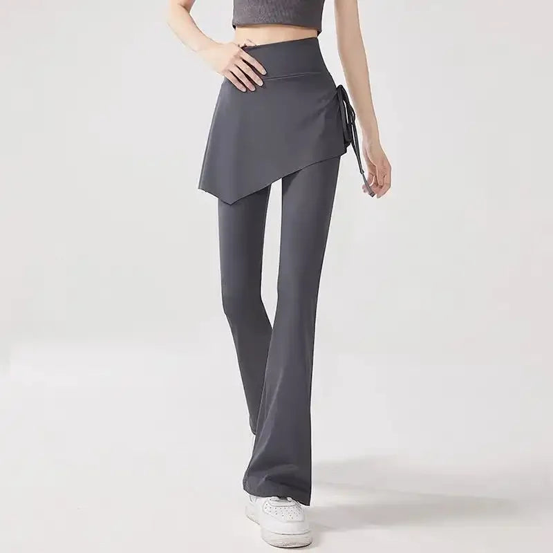 Women's Flare Pants with Skirt Overlay - High Waist Casual Bootcut Leggings