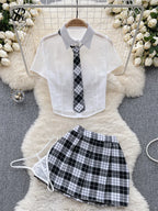 SINGREINY Plaid JK Uniform Erotic Suits Lingerie Female Short Sleeve Blouses+Pleated Skirts Suits Women Cosplay Sheer Sexy Sets