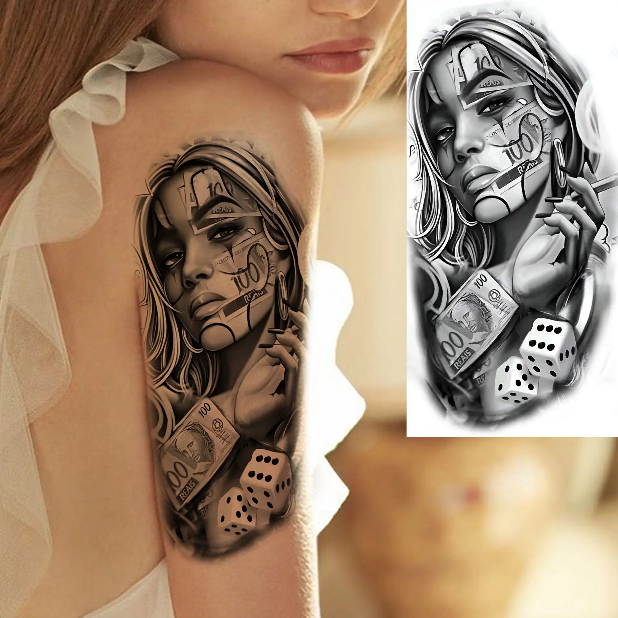 1 Sheet Bad Guy Robber Poker Temporary Tattoos For Men Women Gangster Joker Rebel Waterproof Realistic Fake Tattoo Arm Stickers