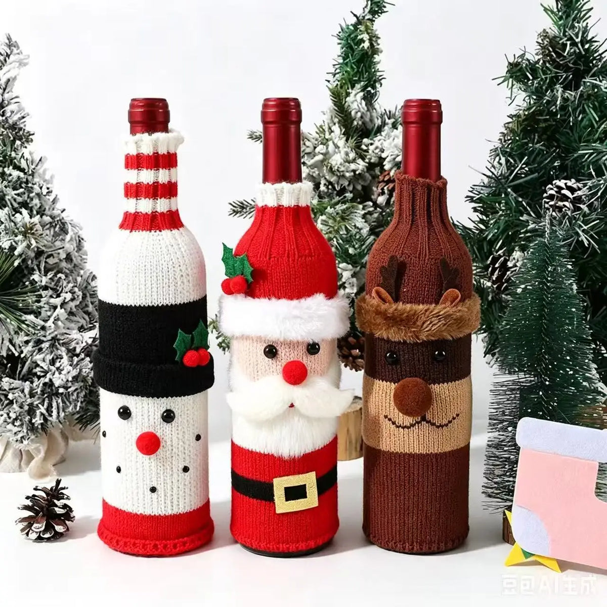 Christmas Wine Bottle Cover Set Santa Snowman Woven Wine Bottle Bags for Christmas Party Dinner Table Decorations New Year Gifts