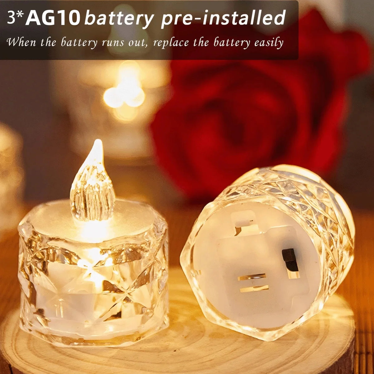 4pcs Flameless LED Candle Crystal Battery Tea Lights Realistic Flickering Flame Candles for Wedding Valentine's Day Home Decor