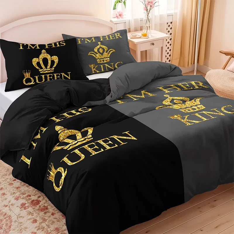Dark Red And Black Three-Piece Bedding Set with Queen & King Size Featuring Printed English Letters on The Duvet Cover