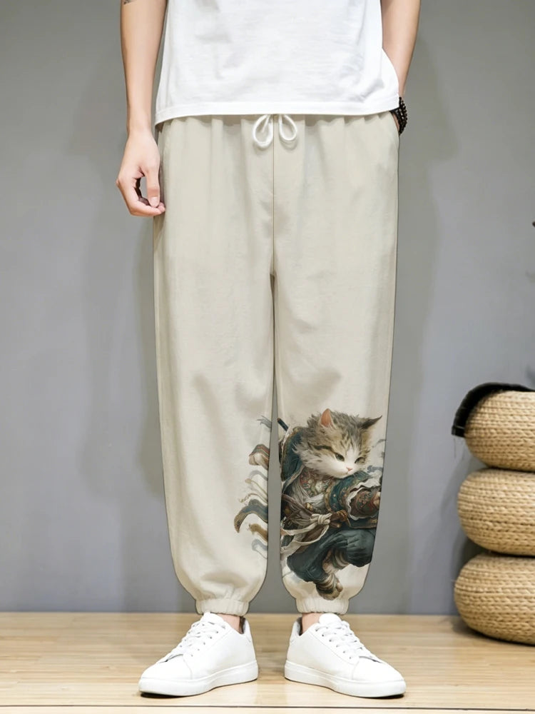 Men's Clothing Japanese Long Pants Vintage Frog In Kimono And Unhappy Cat Art Print Trousers Loose Drawstring Waist Sweatpants
