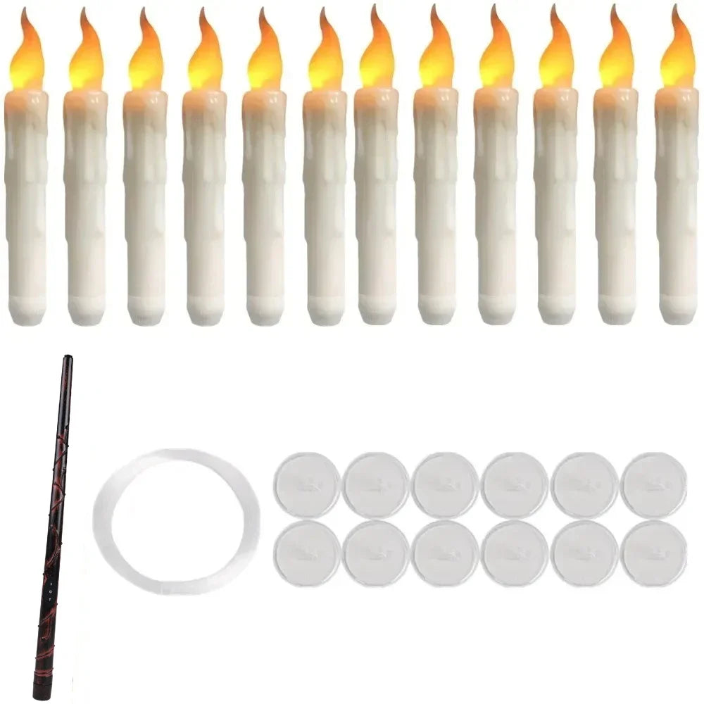 12/48 PCs  LED Floating Candles with Magic Wand Remote Flameless Flying Candle Flickering Warm Light for Halloween Holiday Decor