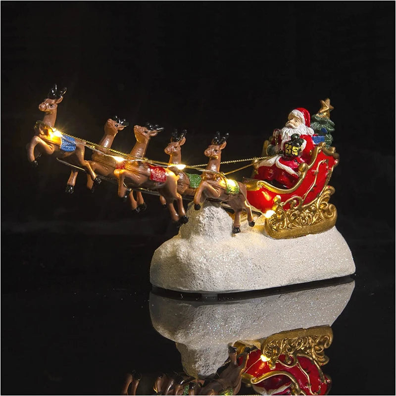 Christmas Santa Claus Sleigh with Reindeer Figurine, LED Light Holiday Village House Ornament Xmas Home Tabletop Decoration Gift