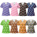 Christmas Print Surgery Top Women with Pocket V-Neck Scrub Uniform Spa Caring T-Shirt Pet Grooming Surgical Nurse Scrubs Uniform