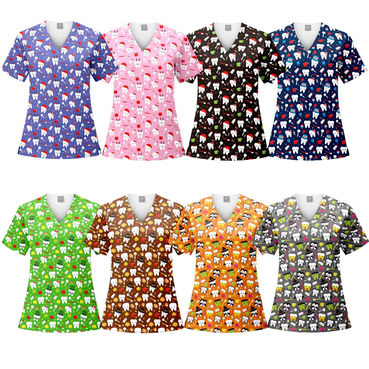 Christmas Print Surgery Top Women with Pocket V-Neck Scrub Uniform Spa Caring T-Shirt Pet Grooming Surgical Nurse Scrubs Uniform