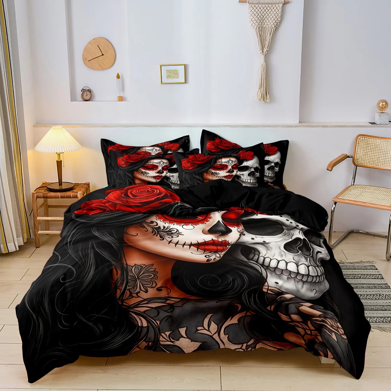 3Pcs Gothic Mexican Sugar Skull Woman Duvet Cover Bedding Set Floral & Skull Patterns - Ideal For Day Of The Dead Celebrations