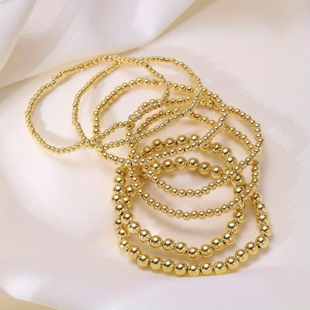 7PCS Golden Bead Bracelet Set for Women Flexible Stretch Fit, Minimalist Beaded Bangles Elegant Daily & Party Jewelry Accessory