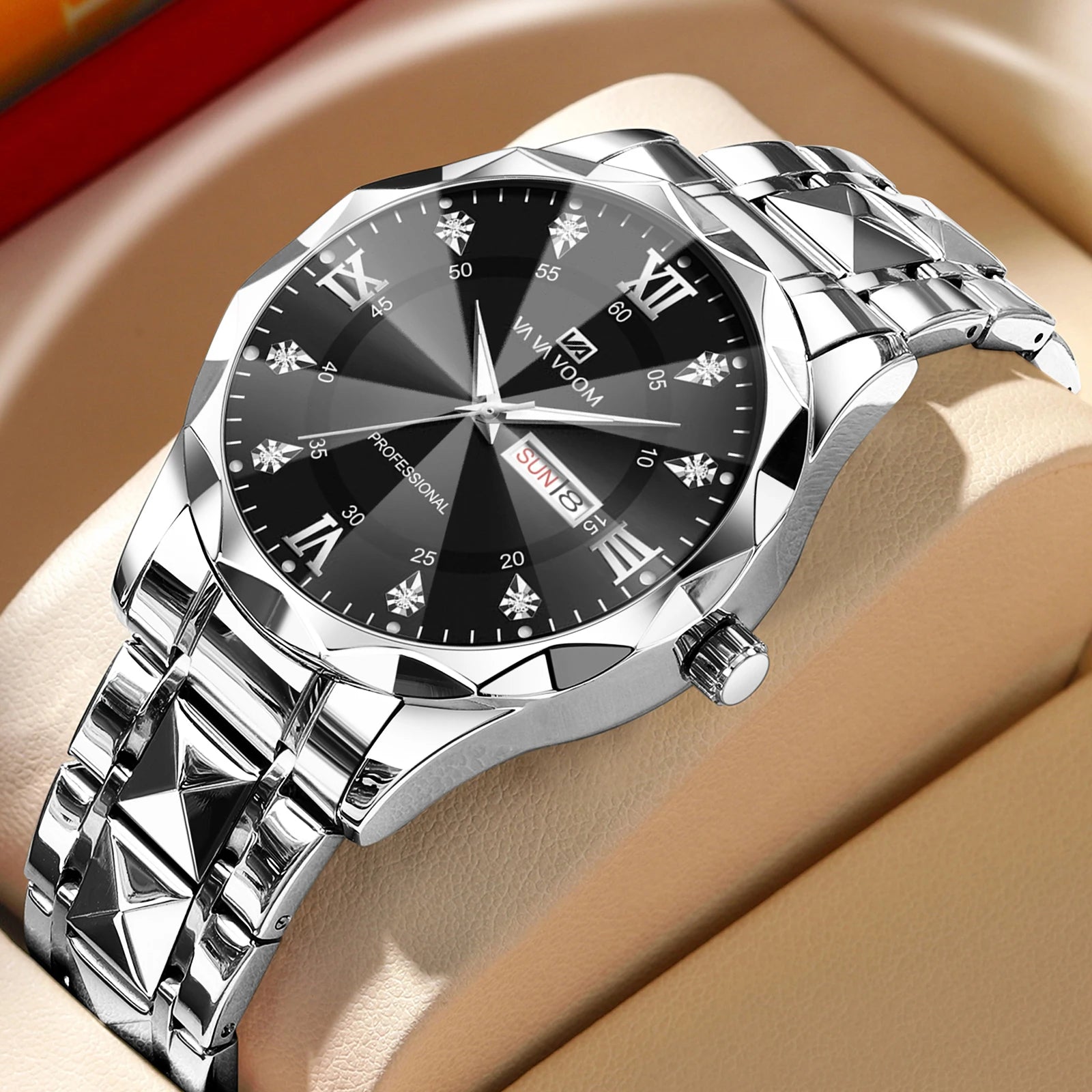 2024 New Men's Watch Fashion Rivet Stainless Steel Strap Luxury Water Diamond Diamond Luminous Blue Gold Dial Business Men Watch