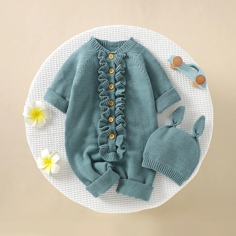 Infant Baby Rompers Knit Newborn Girl Boy Jumpsuit Long Sleeve Autumn Toddler Child Clothes Hat 0-18M Fashion Solid 2PC Overalls