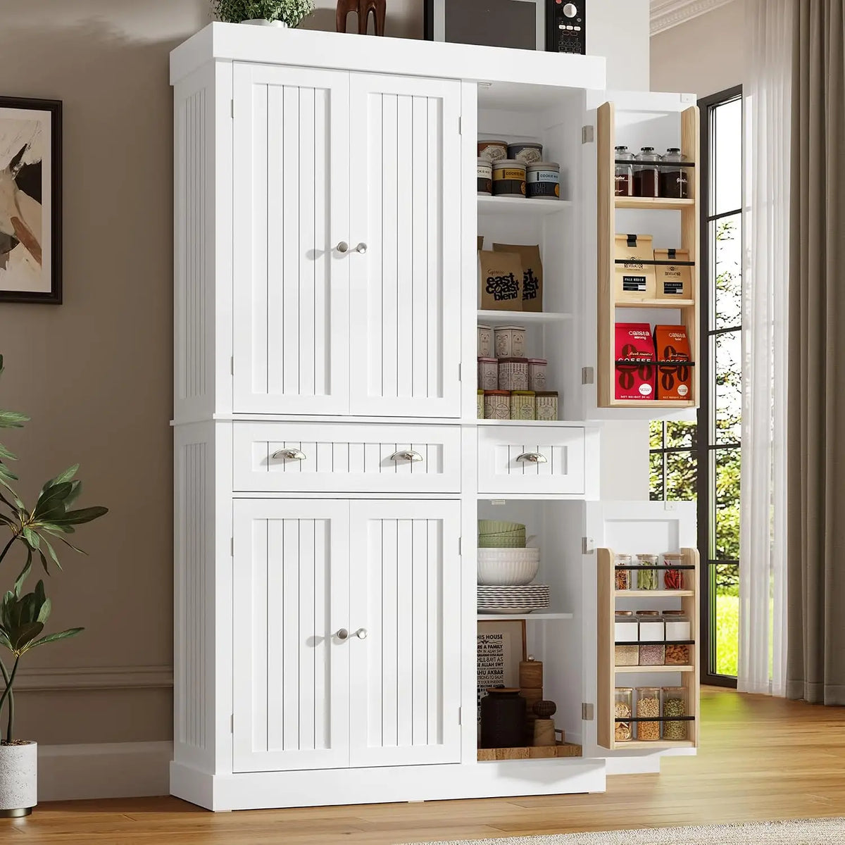 71in Kitchen Pantry Cabinet Doors & Adjustable Shelves, Freestanding Storage 2 Drawers for Dining Living Hallway, Customized