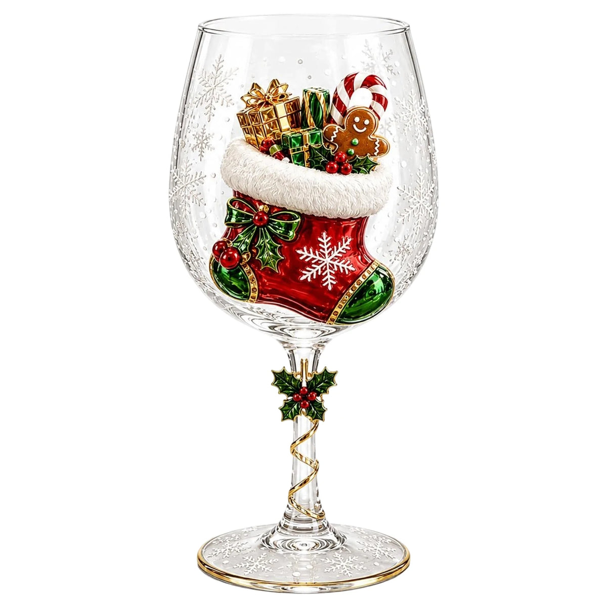 Holiday Stemware Christmas Wine Glass 2D Art Santa Snowman Reindeer Clear Goblet Party Cup