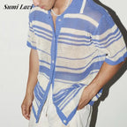2025 Summer Casual Mens Knit Shirts Short Sleeve Buttoned Turn-down Collar Cardigan Tops Men Seaside Beach Vintage Knitted Shirt