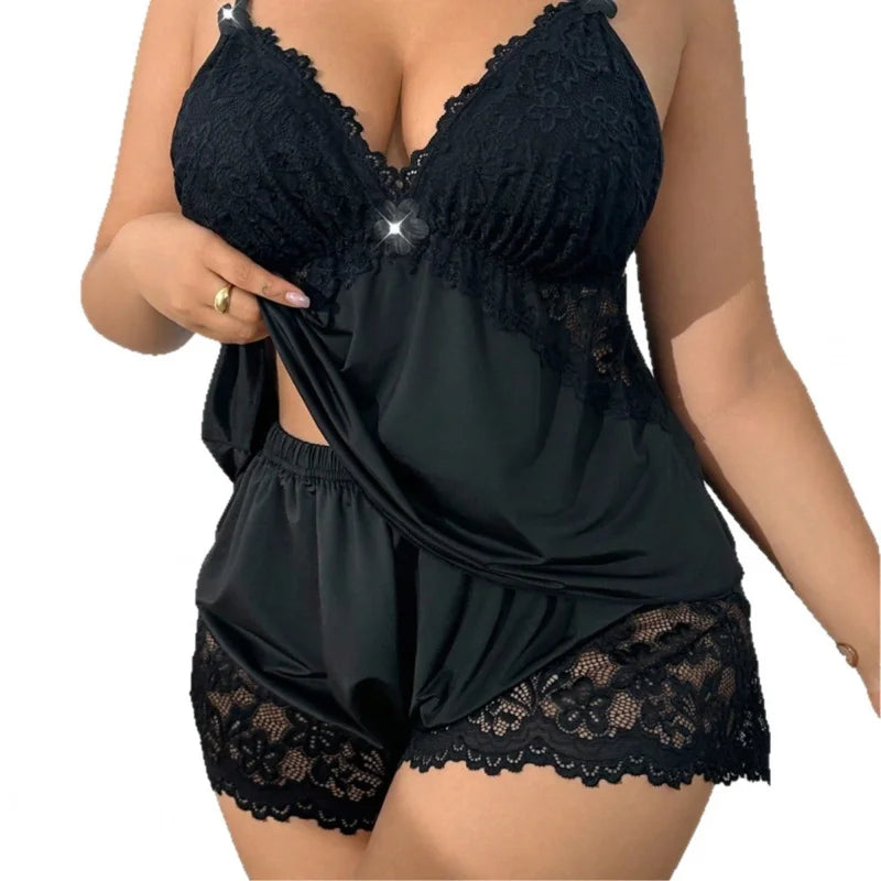 Plus Size Lace Trim Satin Sleepwear Set Deep V Neck Strap Design Home Comfortable Cool Sensual Underwear Ensemble for plus Size