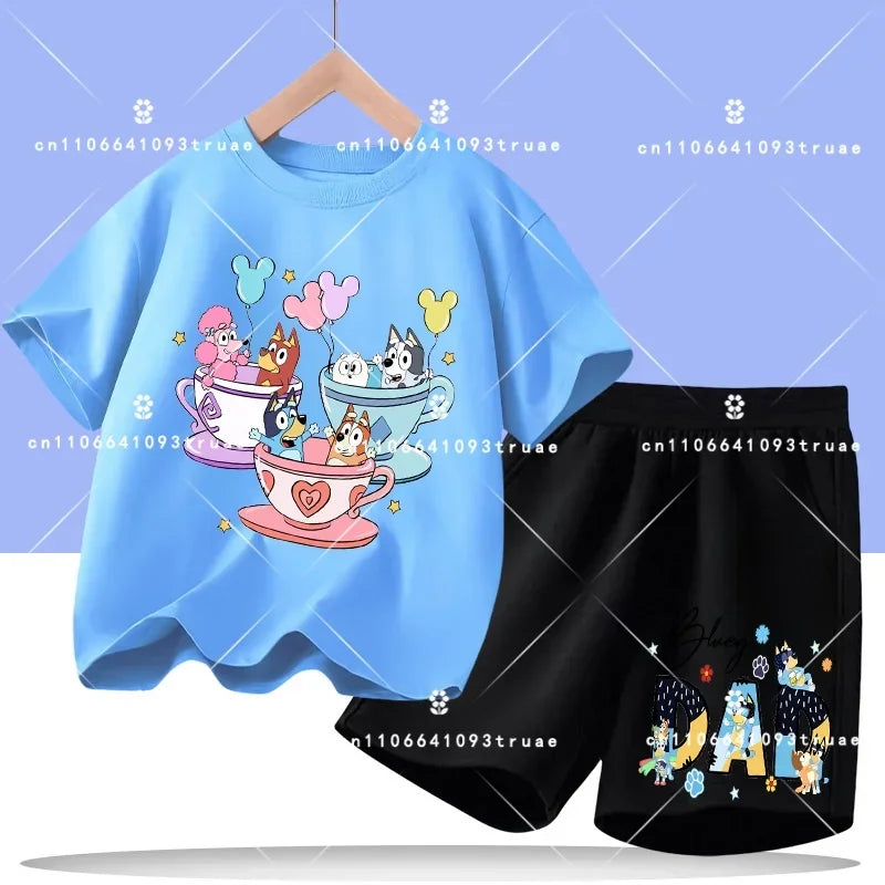 2026 summer T-shirt, 2-piece set Bluey children's 100% cotton short-sleeved set for boys - boys' sports shirt, girls' casual top