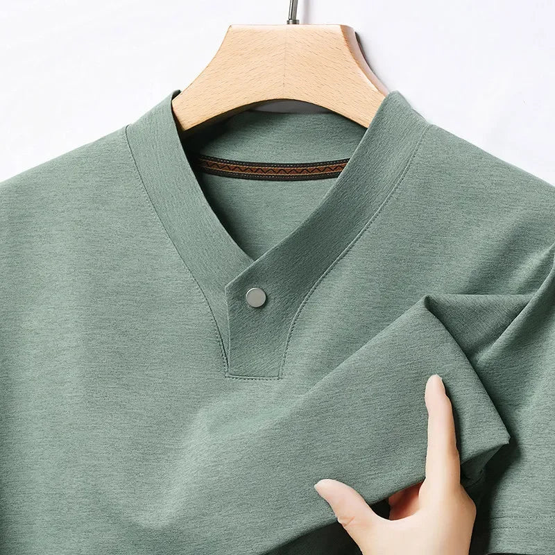 2026 Korean Style Men's Casual and Fashionable One Button V-neck Solid Color Short Sleeved T-shirt Summer Versatile Top