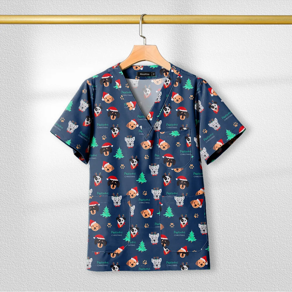 Short Sleeve V Neck Print Christmas Uniform Nursing Tops Male Scrub Nurse Working Uniforms T-Shirts Workwear Women Beauty Scrubs