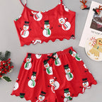 Santa Print Women's Sleepwear Soft Christmas Festival Cute Gingerbread Print 2 Pieces Pajama Set Crop Tops and Shorts Loungewear