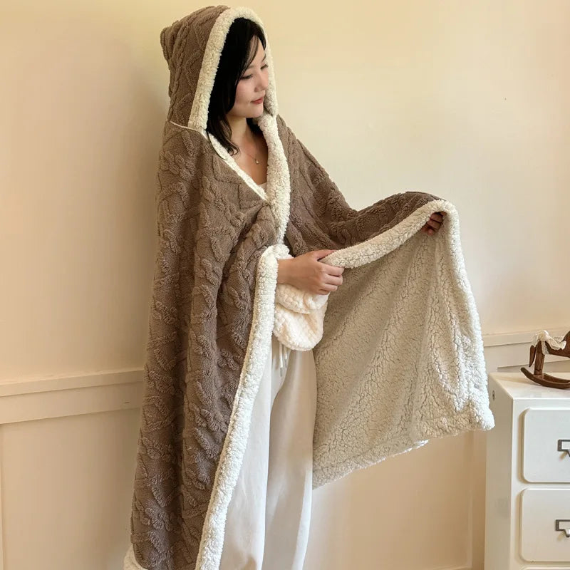 New Taffeta Fleece Hooded Blanket Warm Sherpa Lined Blankets with Giant Pocket Solid Color Skin-Friendly Office Nap Plush Cloak