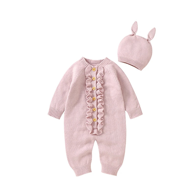 Infant Baby Rompers Knit Newborn Girl Boy Jumpsuit Long Sleeve Autumn Toddler Child Clothes Hat 0-18M Fashion Solid 2PC Overalls