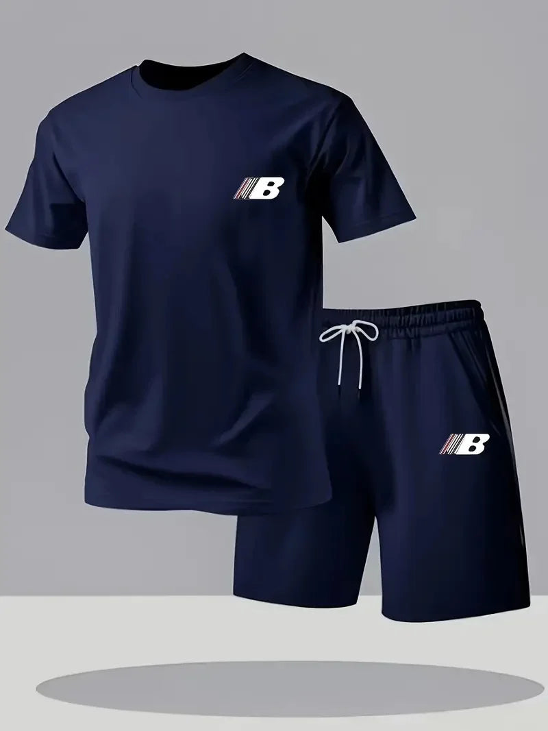 Sports Style Men's Summer Breathable Sportswear Short Sleeved T-shirt+shorts, Lightweight and Comfortable Casual 2-piece Set