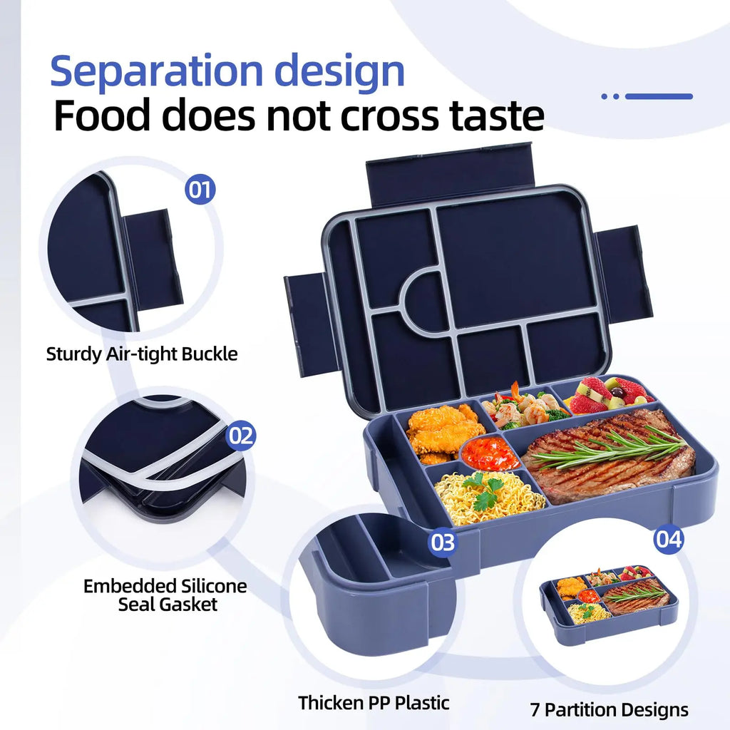 Bento Box 1330 ml Leakproof Lunch Box for Children Adults with 7 Compartments for School Travel Food Container Microwave Safe