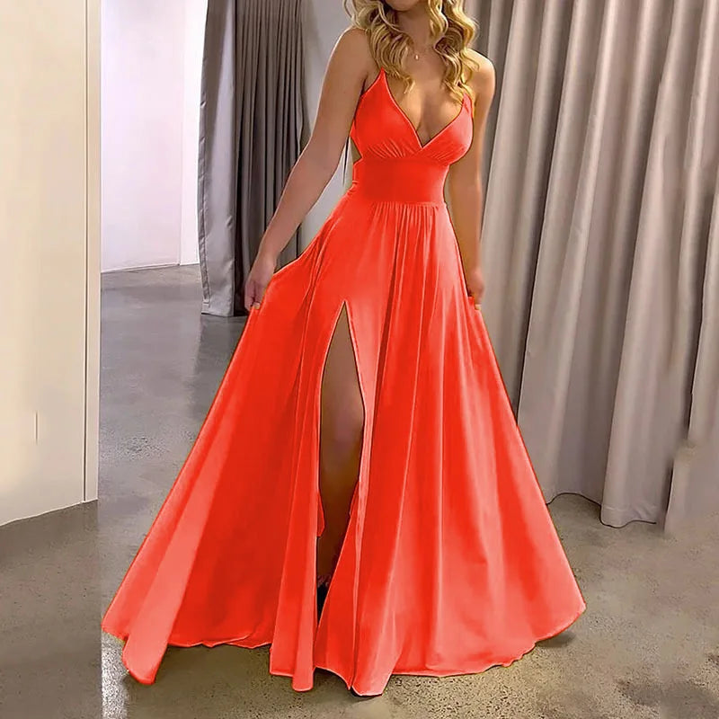 Y2k Women's Party Prom High Waisted Dress Summer Sexy Deep V-neck Suspender Dresses Ladies Fashion Solid Slit Hem Loose Vestidos