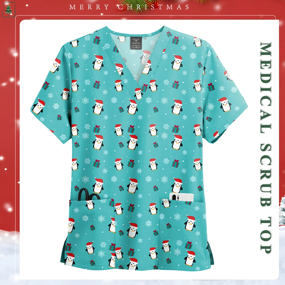 Women Men Christmas Scrubs Top Short Sleeve Pockets Surgery Blouse V-neck Medical Clothes Unisex Spa Dental Vet Surgical Uniform