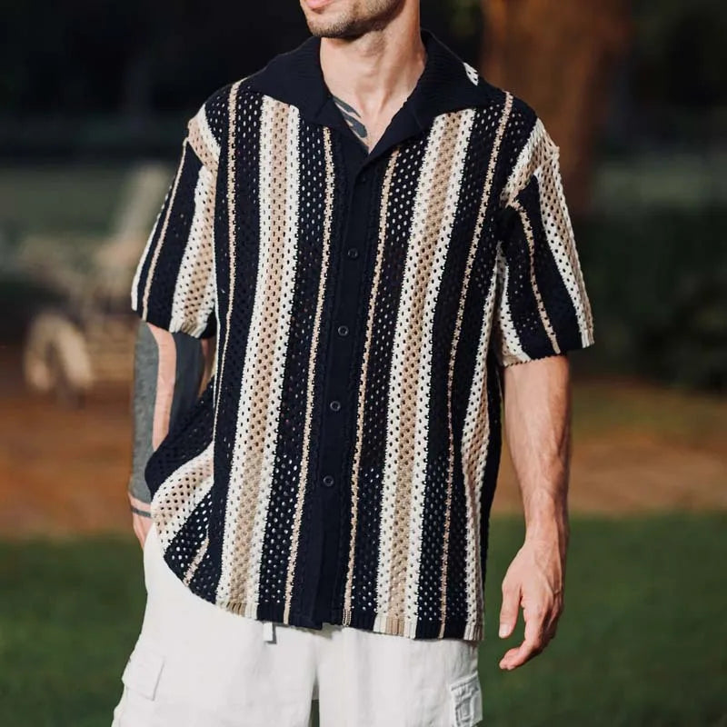 Contrast Color Striped Crochet Shirts Mens Vintage Turn-down Collar Buttoned Cardigan Tops Men Summer Daily Casual Knitted Shirt