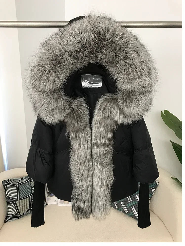2024 Winter Puffer Jacket Women Real Fox Fur Collar Hooded Natural Thick Warm Loose Oversize Duck Down Coat Streetwear Outerwear