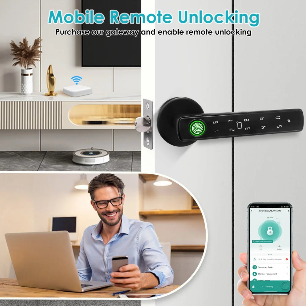 YFK Tuya 5-in-1 Smart Door Handle Lock Bluetooth Fingerprint Keyless Entry Lock Fake PIN NFC IC Card Temporary Password APP Remote Unlock Interior Smart Life Lock for Home Apartment Office Wooden Door