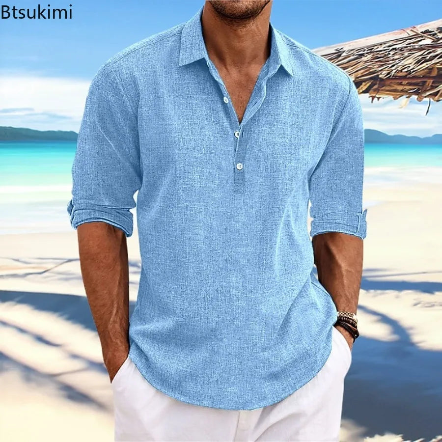 2026 Summer High Quality Men's Casual Cotton Linen Long Sleeve Shirt Solid Color Lapel Button Loose Tops Business Casual Blouse