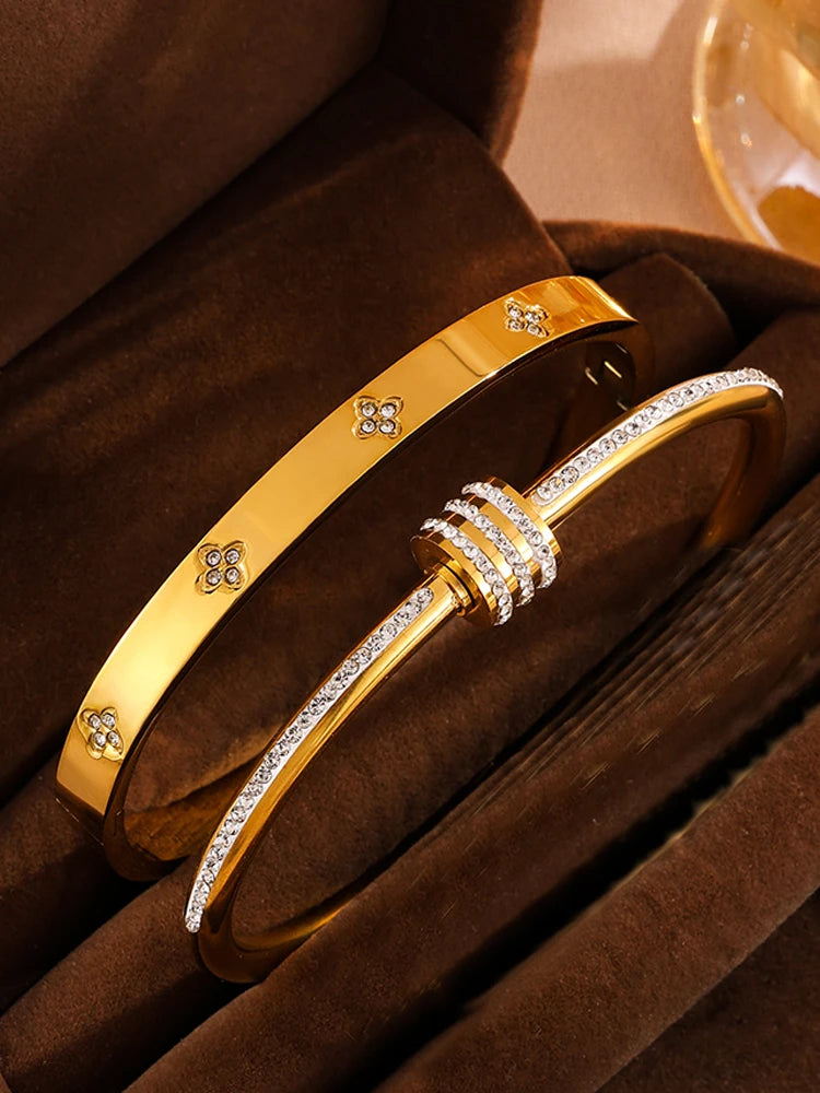 Yupsk 2Pcs/Set Sparkling Zircon Inlaid Stainless Steel Bracelet Waterproof Bangles Exquisite Valentine’s Day Jewelry Gift Women