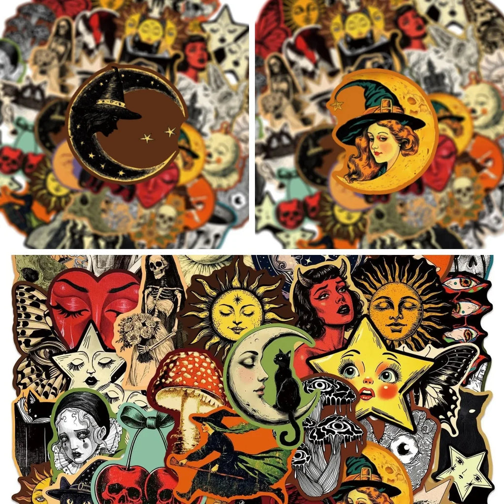 50PCS Retro Gothic Stickers Witch Moon Spooky DIY Aesthetic Stickers Phone Case Handmade Scrapbook Aesthetic Stickers