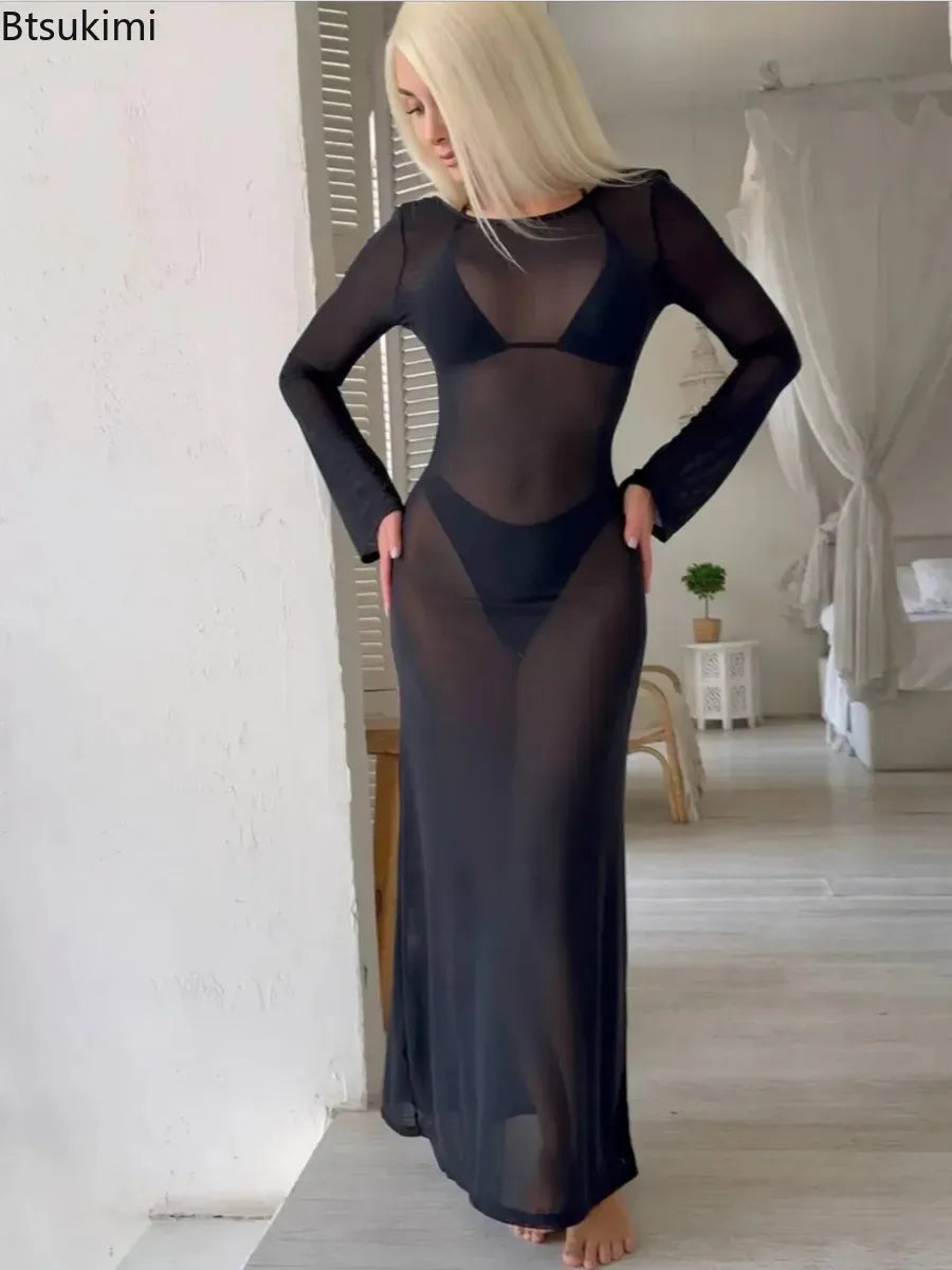 New Women's Mesh See-Through Dress Sexy Slim Backless Long Sleeve Floor-Length Dresses Beach Swimsuit Cover Ups Bikini 3pcs Sets