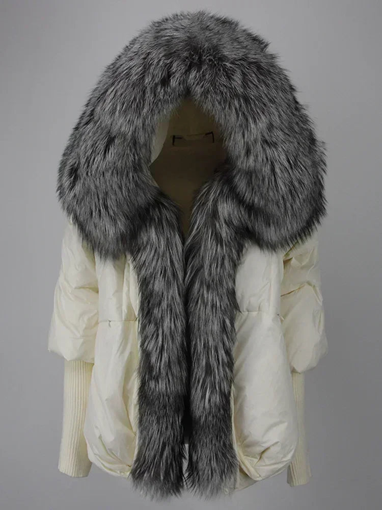 2024 Winter Puffer Jacket Women Real Fox Fur Collar Hooded Natural Thick Warm Loose Oversize Duck Down Coat Streetwear Outerwear