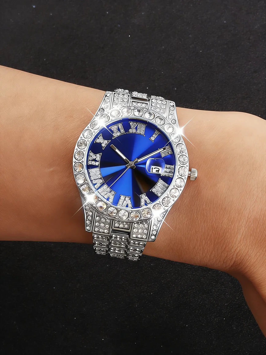 Men's Watch Set with Trendy Chain And Calendar Function Embedded Craft Design Birthday Gift