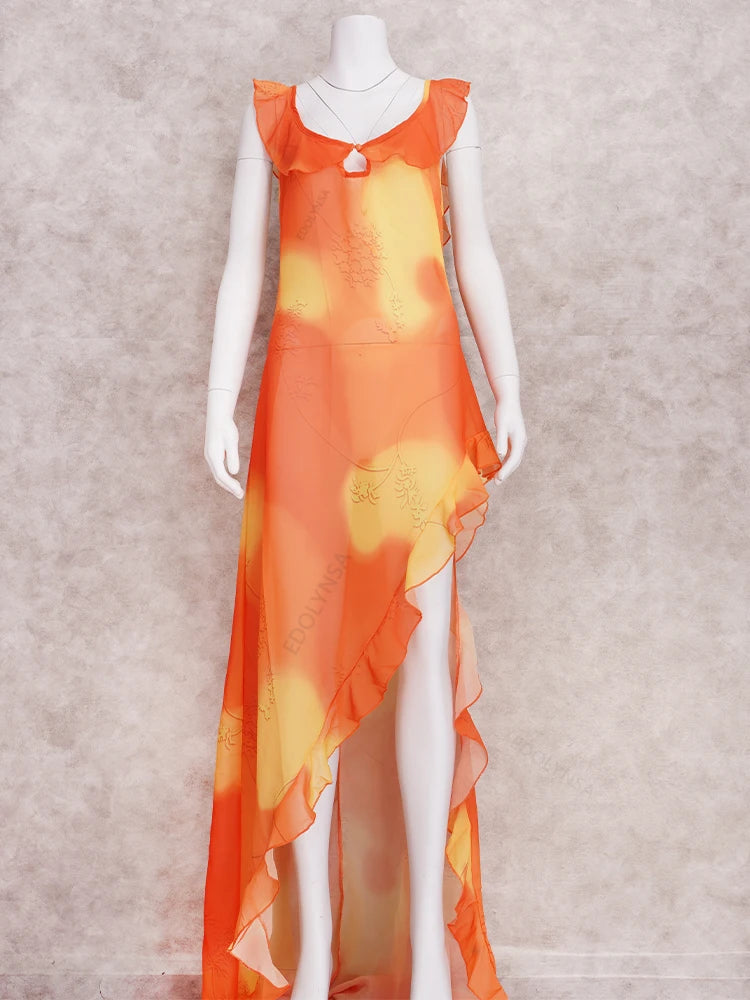 Sexy Low-cut Hollow Out Y2K Style Backless High Slit Front Short Back Long Dress 2025 Summer Women Floor Maxi Dresses A2555